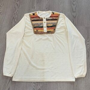 Vintage 70s Quilted Henley Long‎ Sleeve Top Embroidered Boho Hippie Size Large